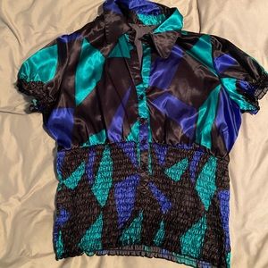 Medium green blue black silk blouse medium